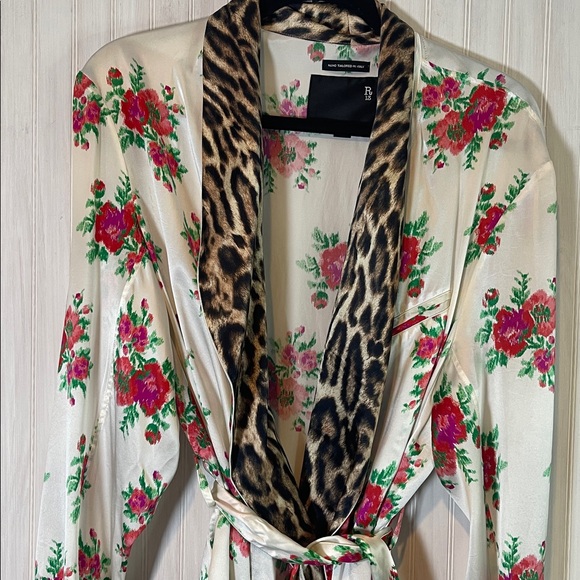 R13 SILK SMOKING ROBE WITH PIPING FLORAL SMALL - Picture 3 of 7